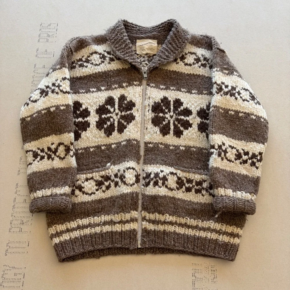 Vintage Cowichan Indian Hand Knit Wool Sweater Jacket